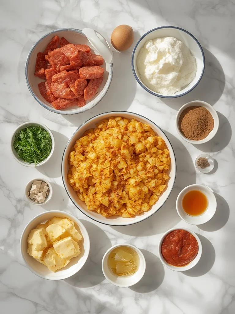 Ingredients for Cheesy Hash Brown Sausage Breakfast Casserole