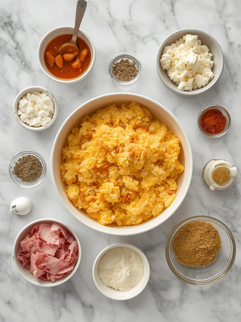 Cheesy Hashbrown and Ham Breakfast Bake ingredients laid out on a counter