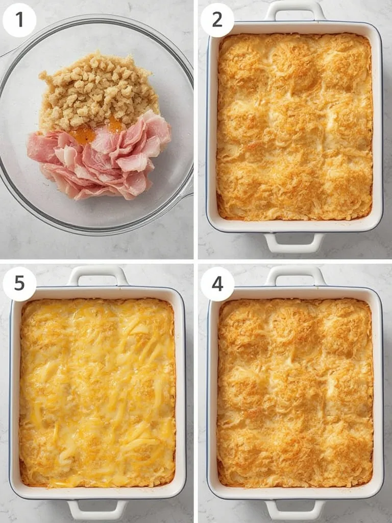 Hands preparing a Cheesy Hashbrown and Ham Breakfast Bake steps in a baking dish
