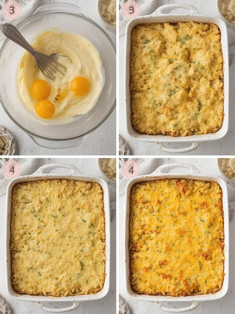 A step-by-step image collage showing the preparation of Cheesy Overnight Hashbrown Casserole – Brunch Made Easy, from layering to baking.