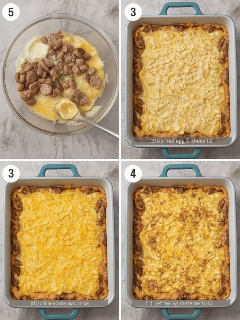 Step-by-step process of making a Breakfast Casserole with sausage, egg, and cheese.