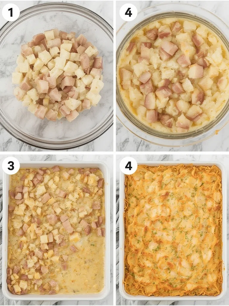 Step-by-step photos of making Creamy Hash Brown Ham Casserole, from mixing ingredients to assembling the layers in a baking dish.
