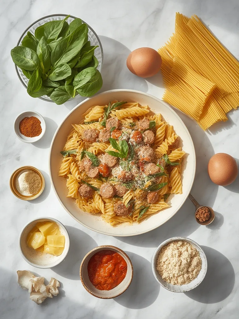 Ingredients for Creamy Sausage & Spinach Pasta