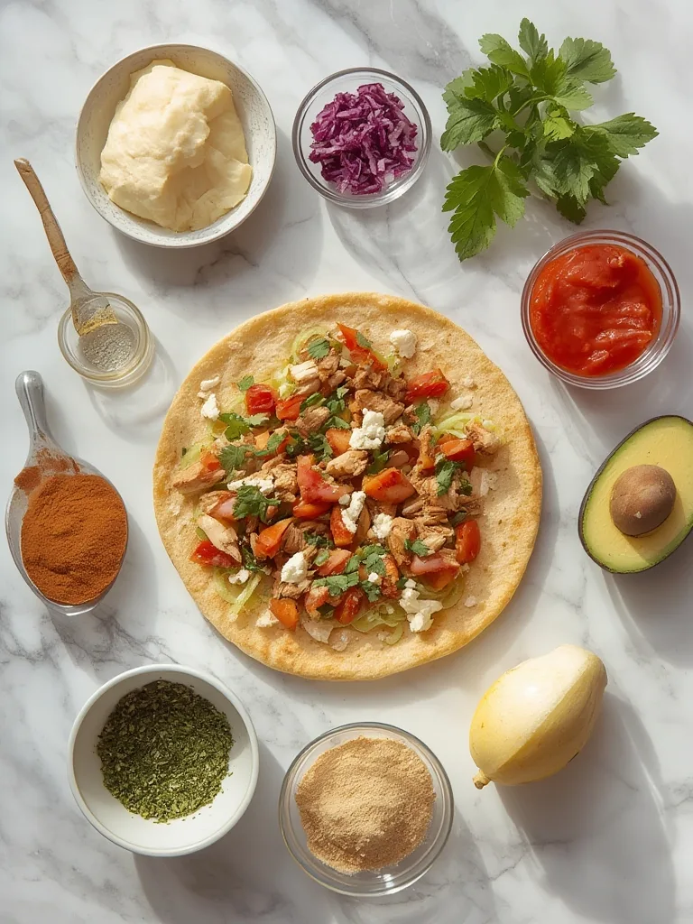 Fresh ingredients for Greek Chicken Pitas laid out on a wooden cutting board, including chicken breast, pita bread, cucumber, tomato, red onion, feta cheese, and tzatziki sauce.