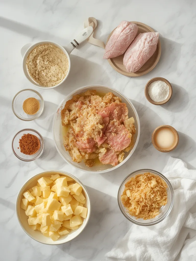 Ingredients laid out for a Ham & Swiss Hash Brown Casserole, including ham, shredded cheese, hash browns, eggs, and cream.