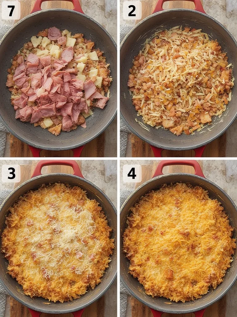 Step-by-step photos showing assembly of Ham & Swiss Hash Brown Casserole layers in a baking dish.