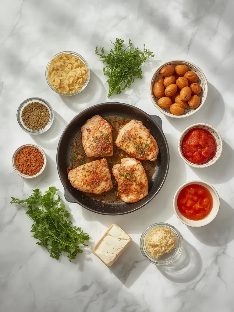 A colorful array of fresh ingredients for quick dinner ideas, including chicken breast, bell peppers, cherry tomatoes, and herbs.