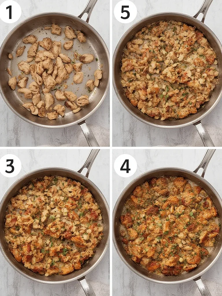 Hands preparing a quick chicken and vegetable skillet meal, showing the process of adding ingredients to a hot pan.