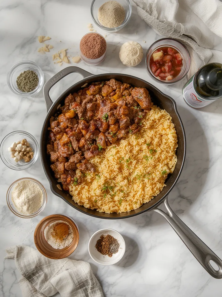 One-Pan Cheesy Beef & Rice Bake: Recipe Ideas for Easy Meals 2 Ingredients laid out for One-Pan Cheesy Beef & Rice Bake