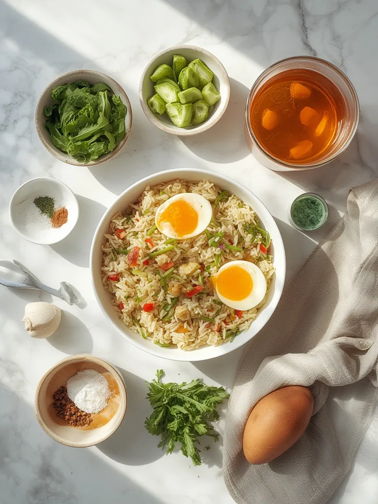 Ingredients laid out for Quick Veggie Fried Rice with Eggs