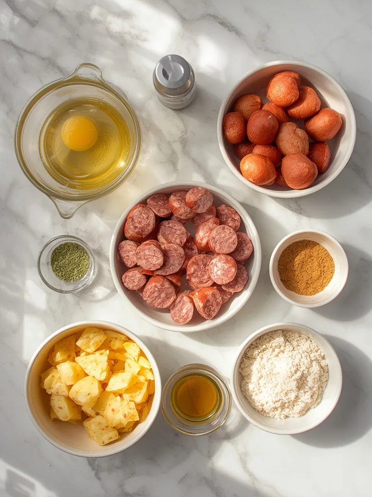 Ingredients arranged for Smoked Sausage Potato Breakfast Casserole