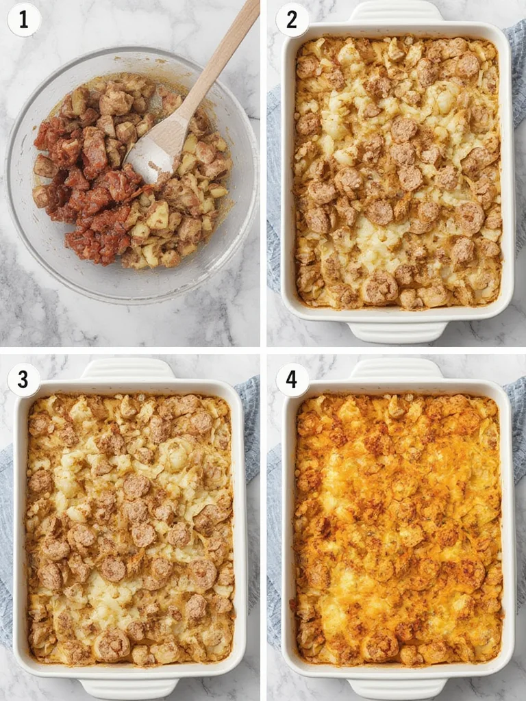 Steps for making Smoked Sausage Potato Breakfast Casserole shown visually