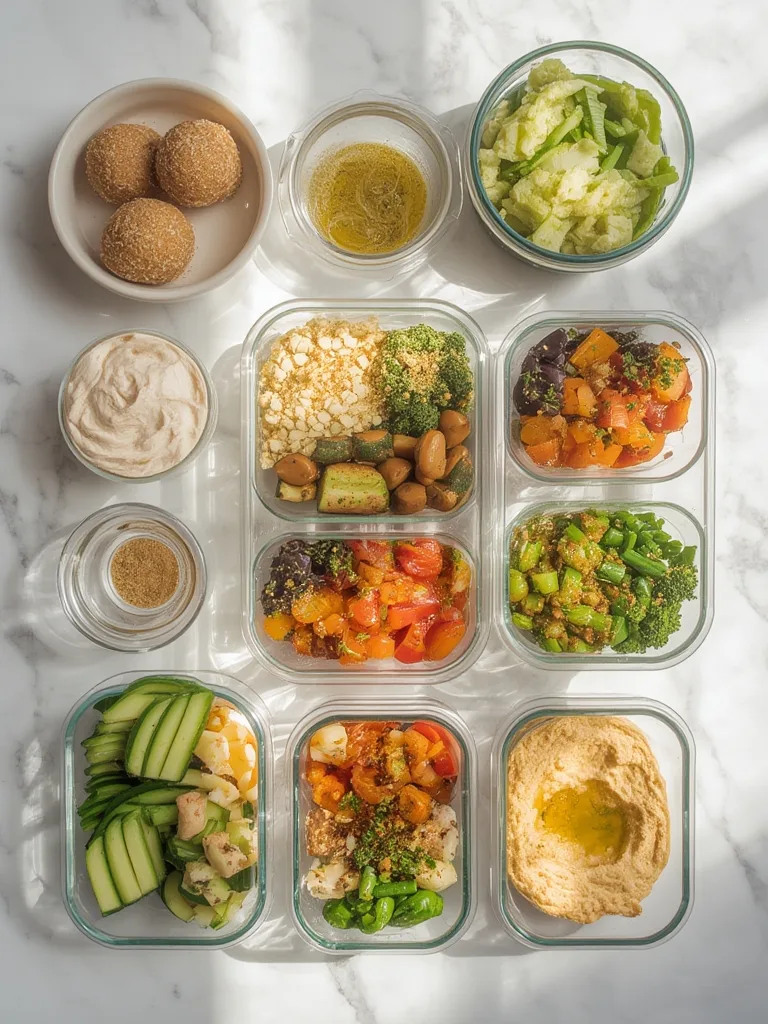 Variety of fresh ingredients laid out for meal planning, including vegetables, grains, and lean proteins.