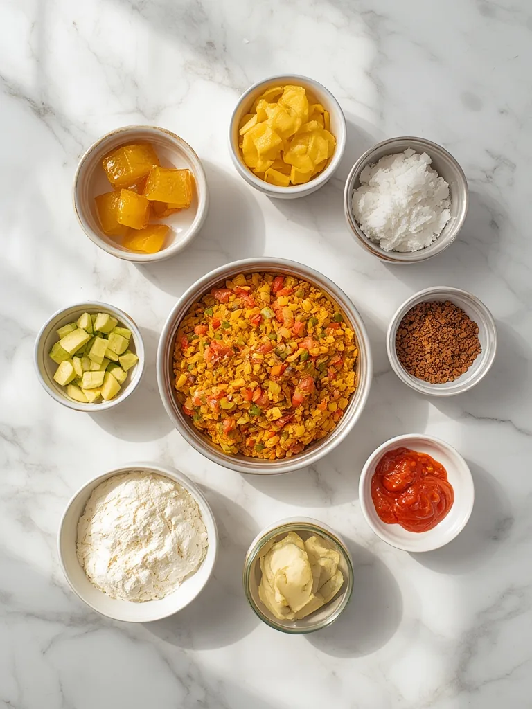 Variety of fresh ingredients for a Southwestern Breakfast Casserole, including eggs, bell peppers, onions, sausage, cheese, and spices on a wooden board.