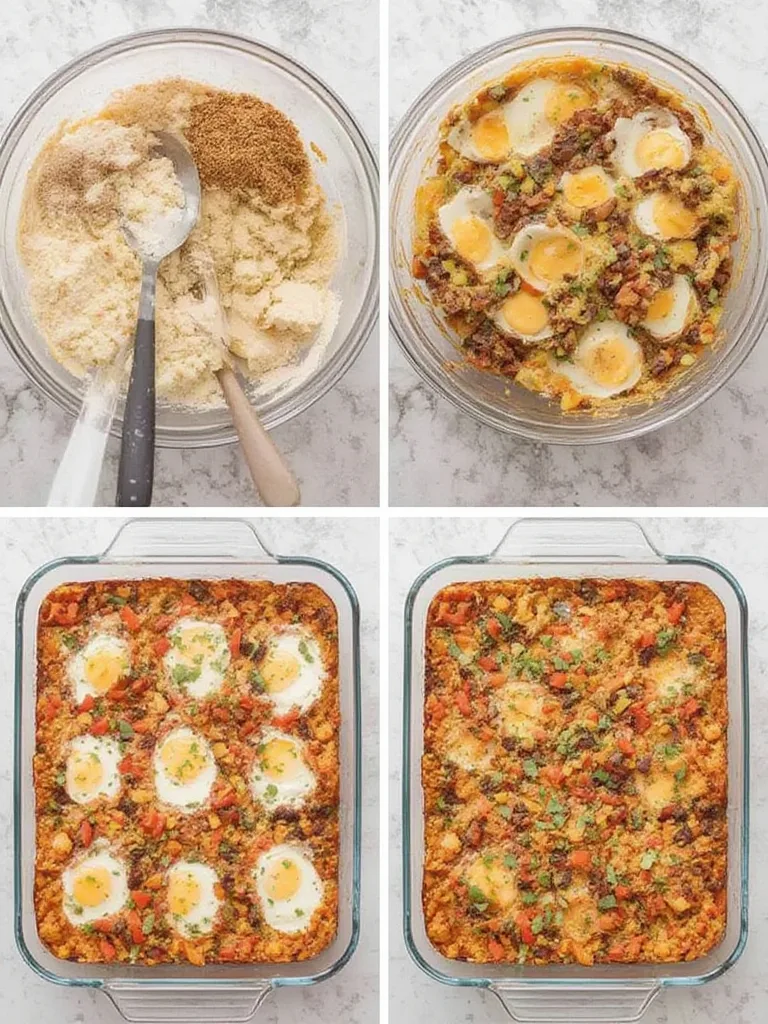 Three step-by-step photos showing the preparation of Southwestern Breakfast Casserole: sautéing ingredients, layering in a dish, and the final baked casserole.