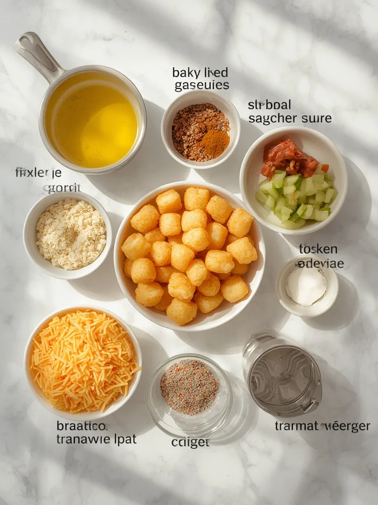 Ingredients laid out for a Tater Tot Breakfast Casserole - eggs, tater tots, cheese, sausage, and milk.