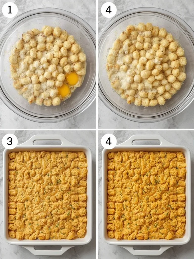 Hands assembling a Tater Tot Breakfast Casserole in a baking dish, layering ingredients before baking.