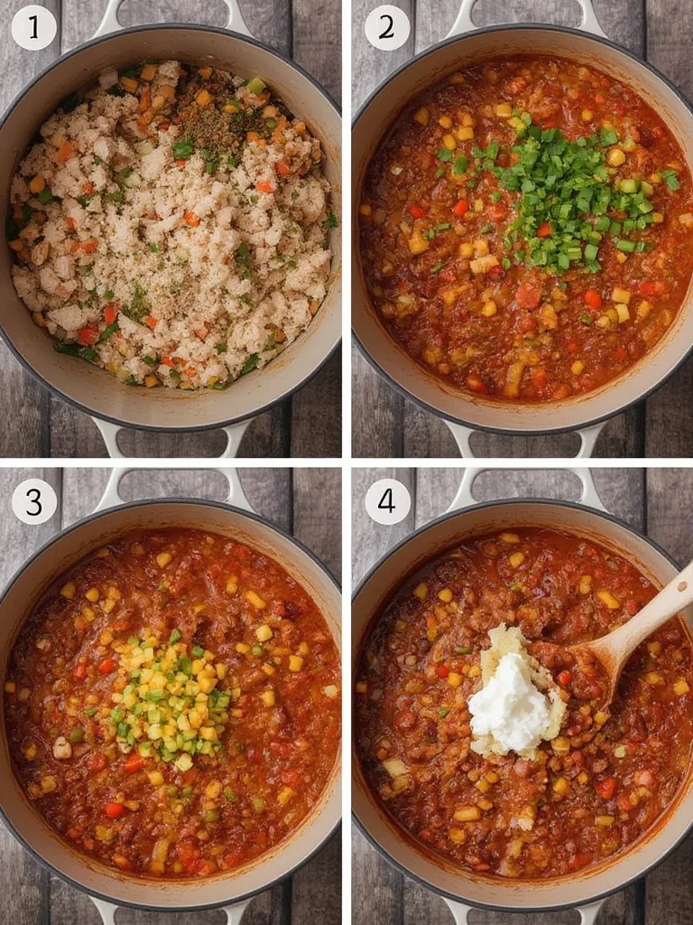 A collage of three step-by-step photos showing the process of making Veggie-Loaded Turkey Chili: first, browning ground turkey in a pot; second, sautéing vegetables; and third, all ingredients simmering together in a stockpot.