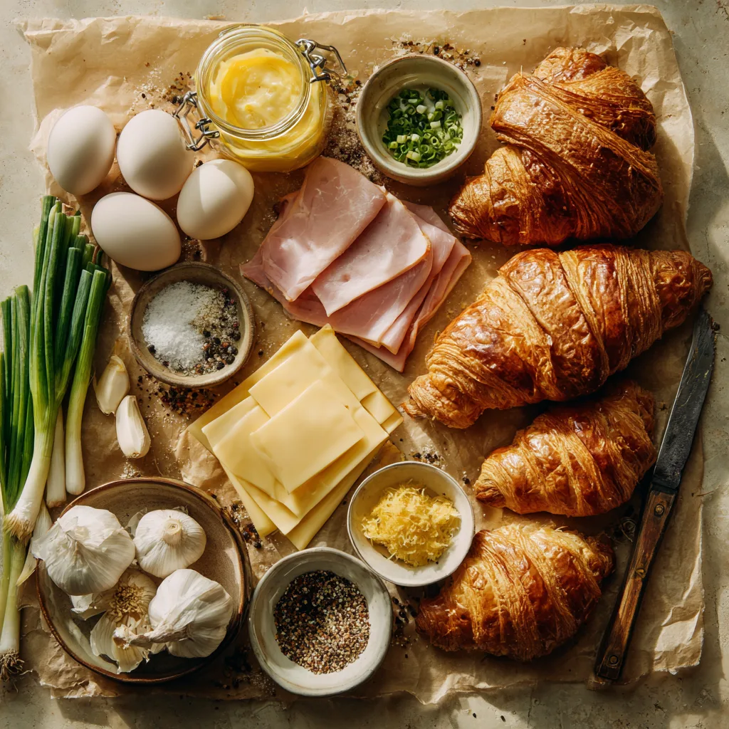 Flat-lay photo of ham and cheese croissant ingredients, including croissants, sliced ham, cheese, egg, garlic, mustard, spices, green onions, butter, and kitchen tools on parchment paper.