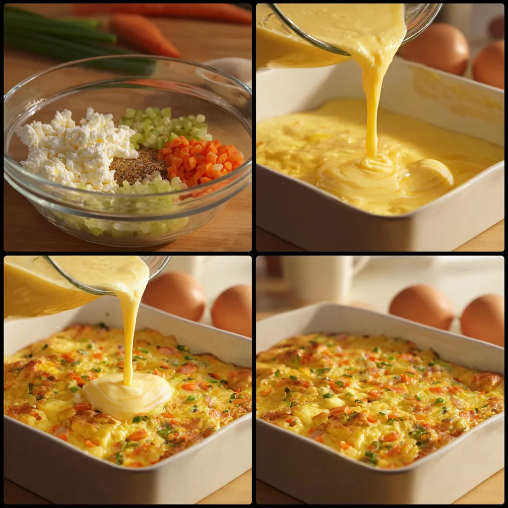 Cottage Cheese Veggie Casserole: A Delicious Twist on Healthy Comfort Food 3 u1891677983 Four panel step by step collage showing Mixing co 35a9ee40 3059 4b60 919e 4aa5b2b94a1b 1