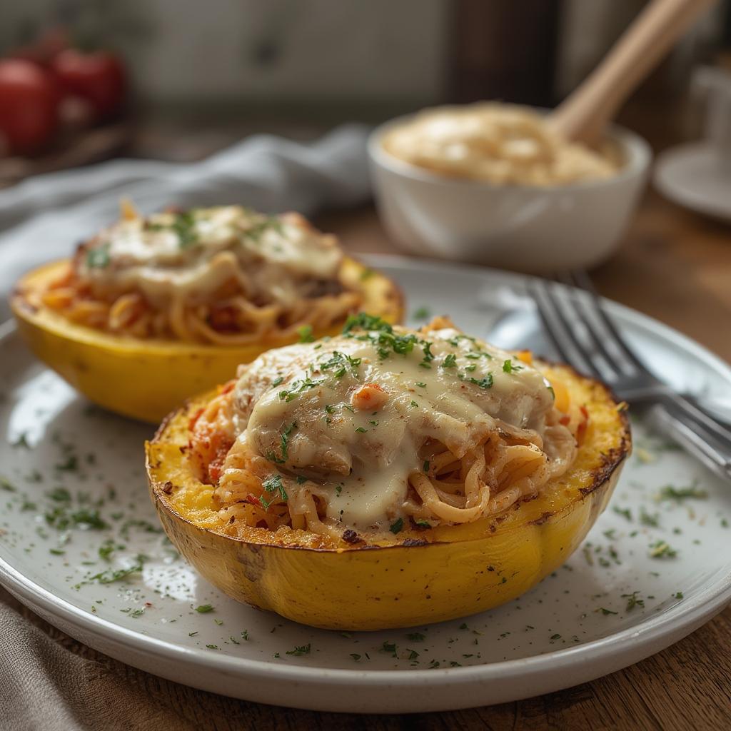 500 Calorie Chicken Alfredo Spaghetti Squash Boats