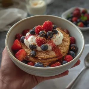 Baked protein pancake bowl with mixed berries and Greek yogurt drizzle.