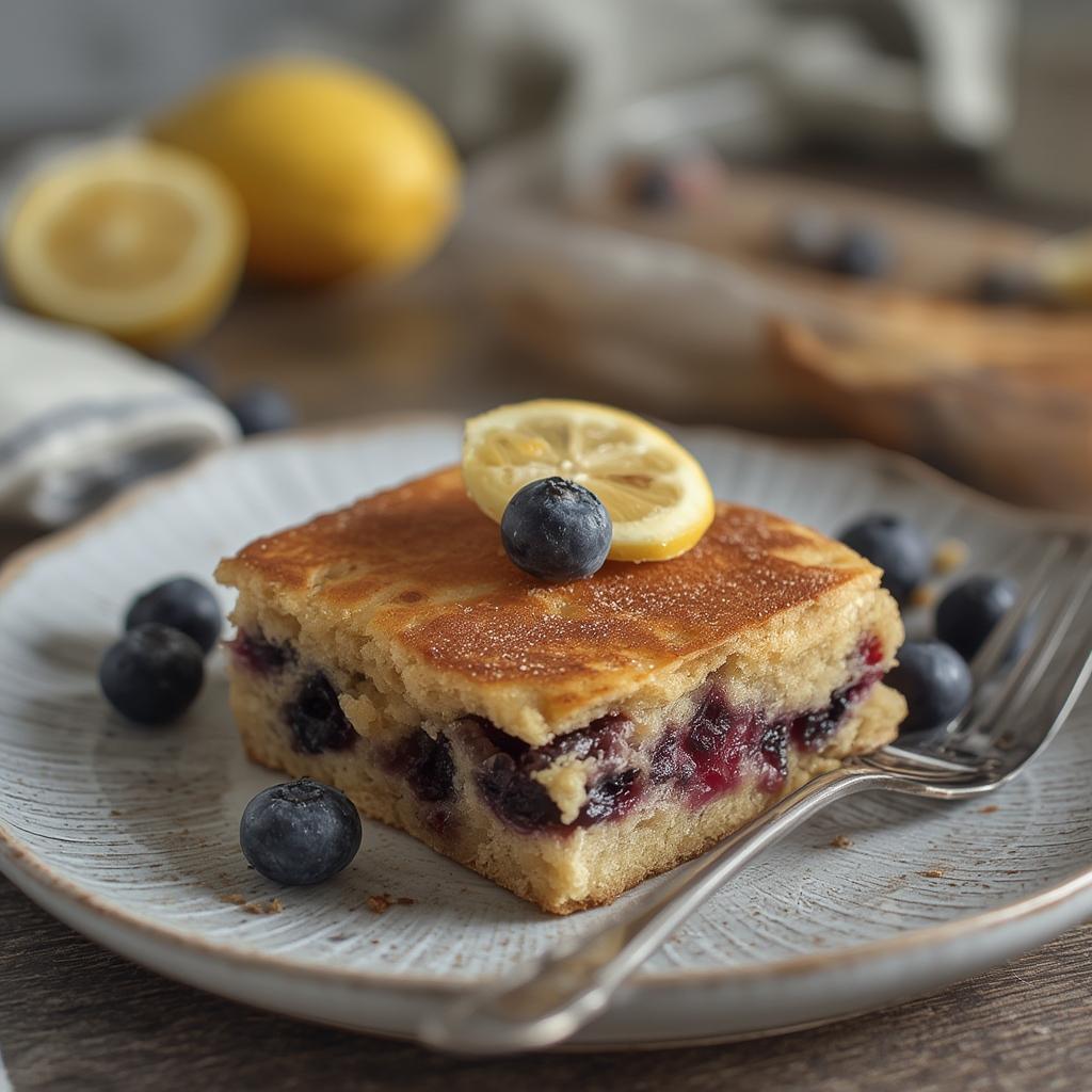 Blueberry lemon baked pancake meal prep squares with added protein powder