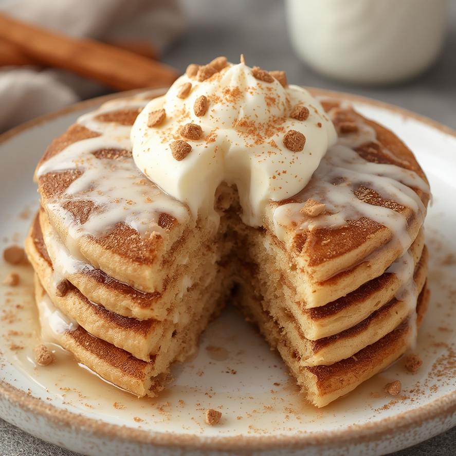 Cinnamon roll baked protein pancakes with light cream cheese topping 3
