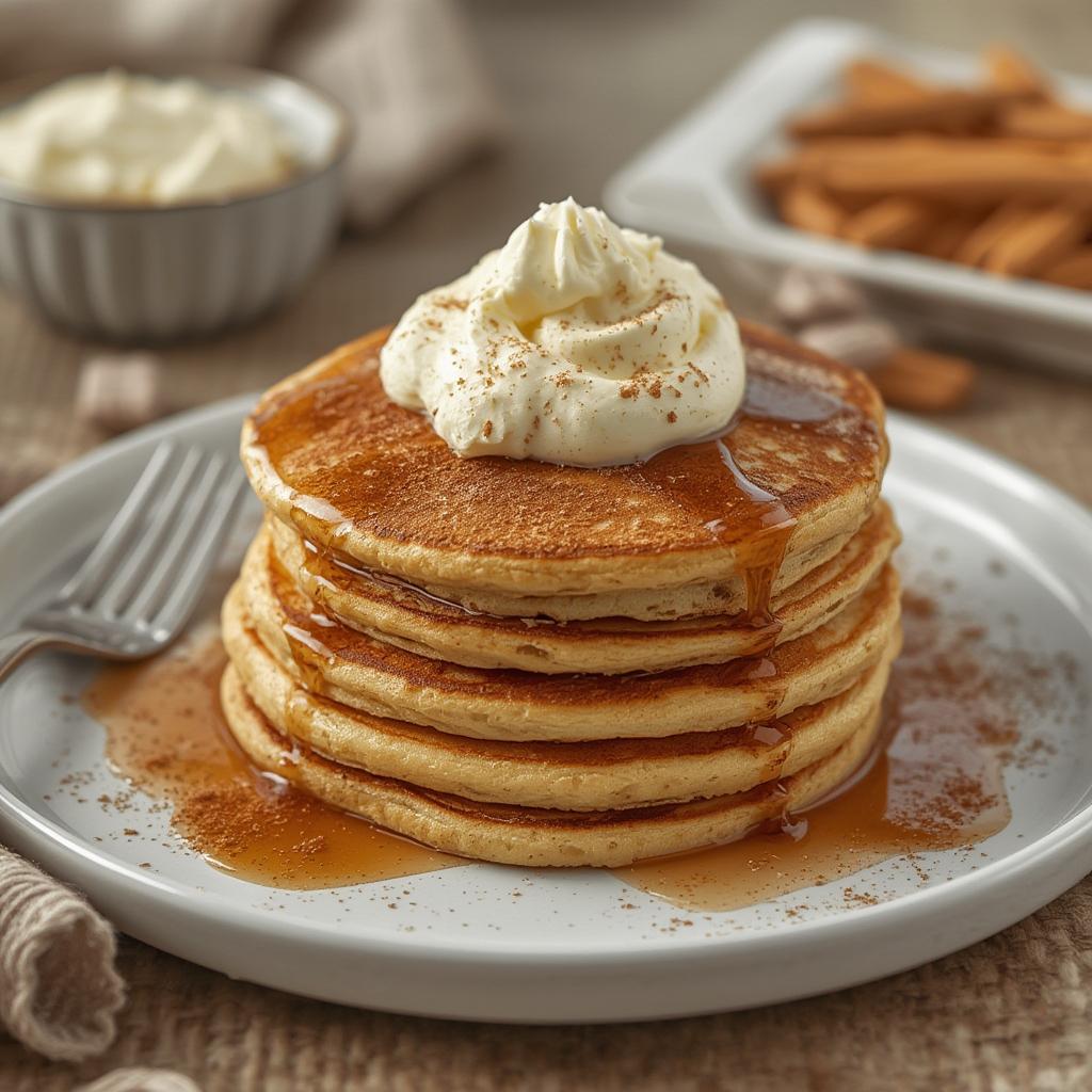 Cinnamon roll baked protein pancakes with light cream cheese topping