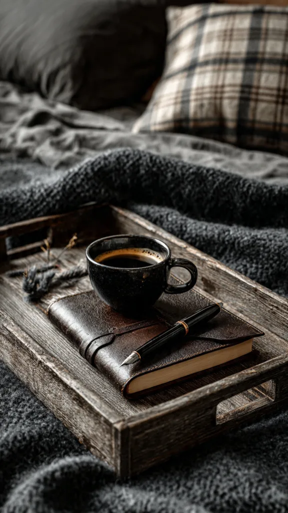 a dark academia themed breakfast in bed a cup of b
