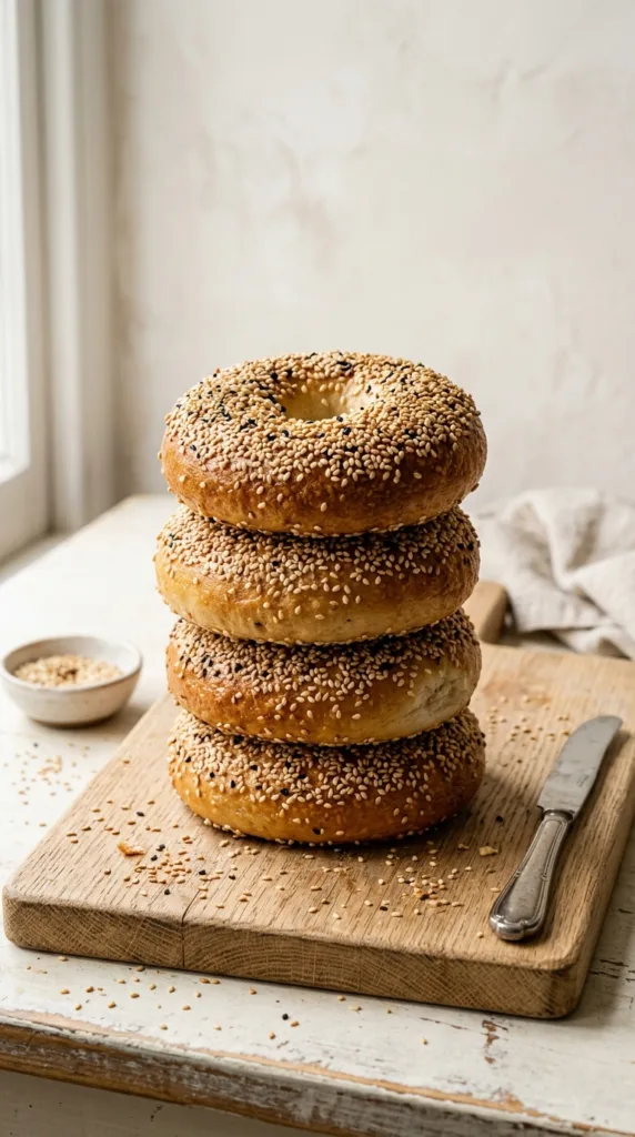 Bagels stacked on cutting board 5c39382db8