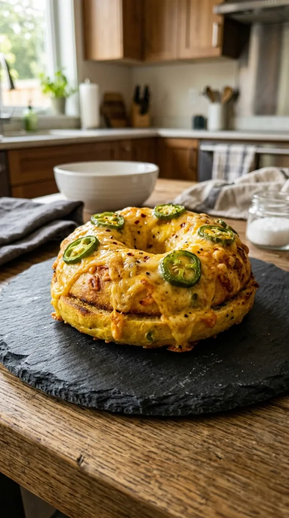 Jalapeo cheddar bagel on plate 7346a31d54