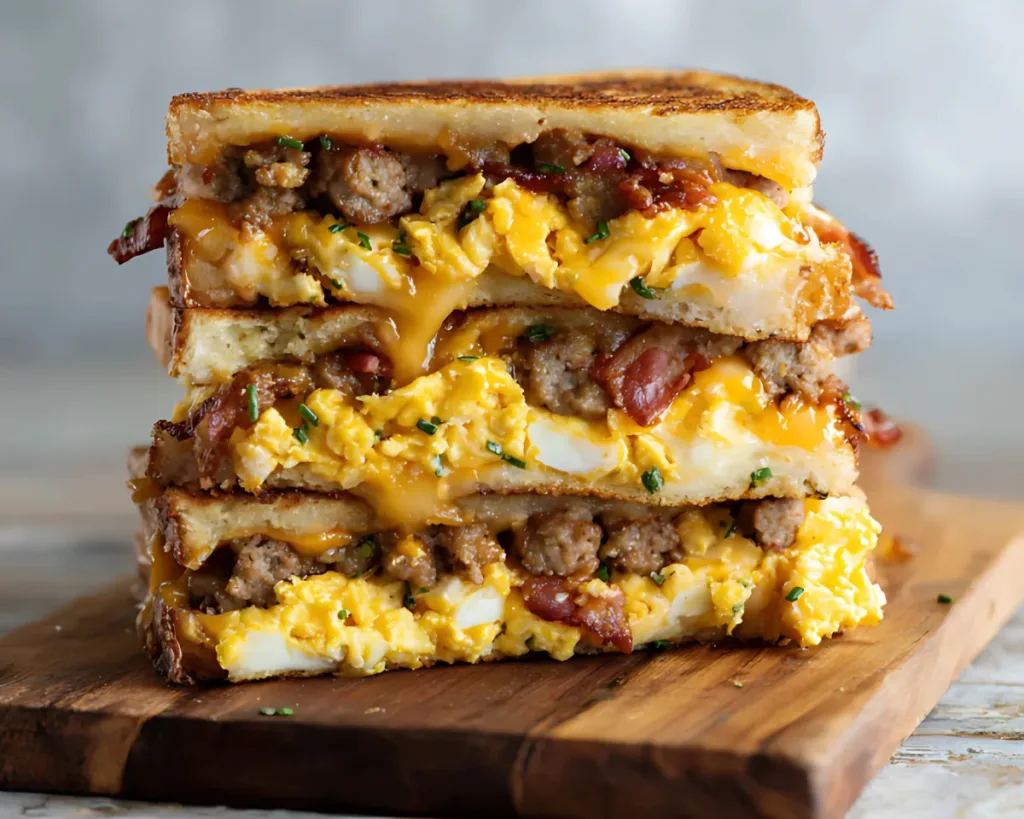 Stacked breakfast grilled cheese on board