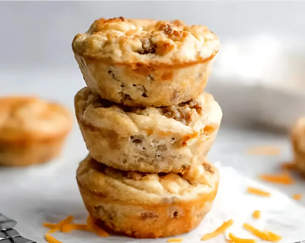 Three muffins stacked on parchment with cheese shreds