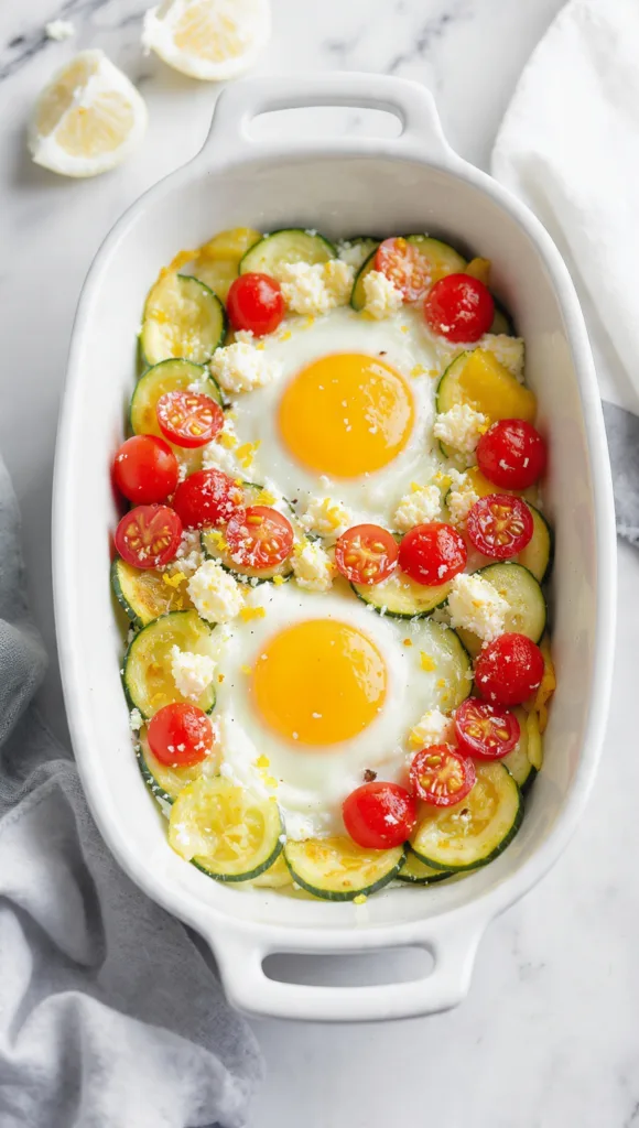 ai image prompt draft baked feta eggs with zucchin