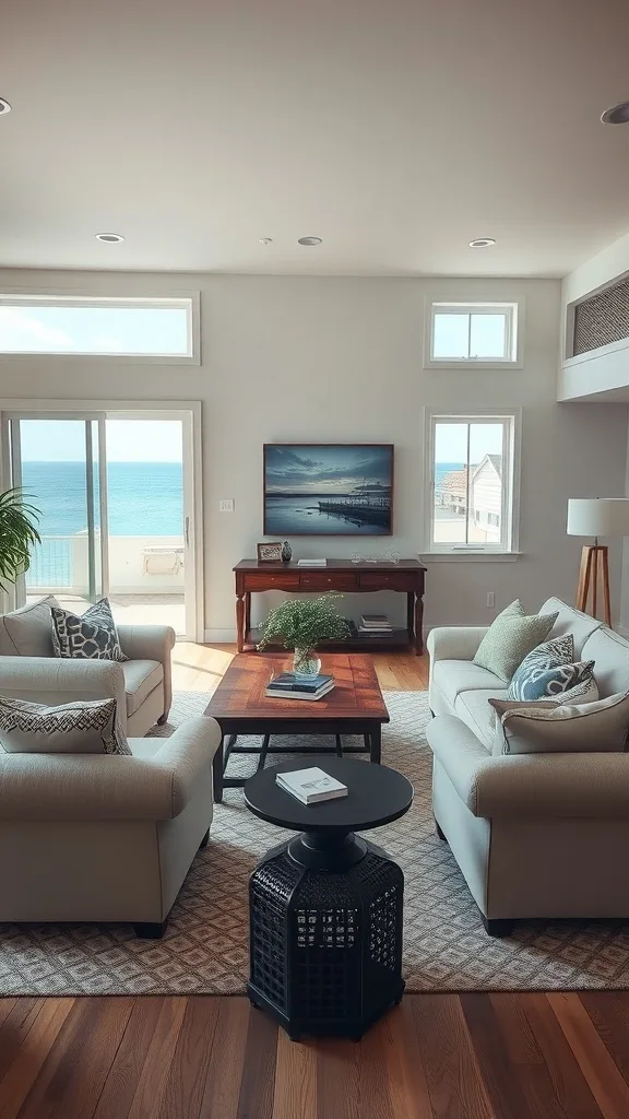A cozy coastal living room with two comfortable armchairs, a coffee table, and a beautiful view of the ocean