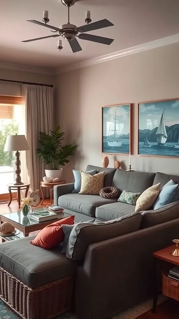 Coastal living room with ocean-inspired decor accents, including light blue and coral throw pillows, nautical artwork, and beach-themed decorative elements.