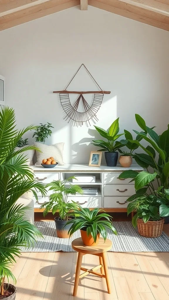 A bright coastal living room featuring various indoor plants arranged around a wooden chair and light-colored furniture.