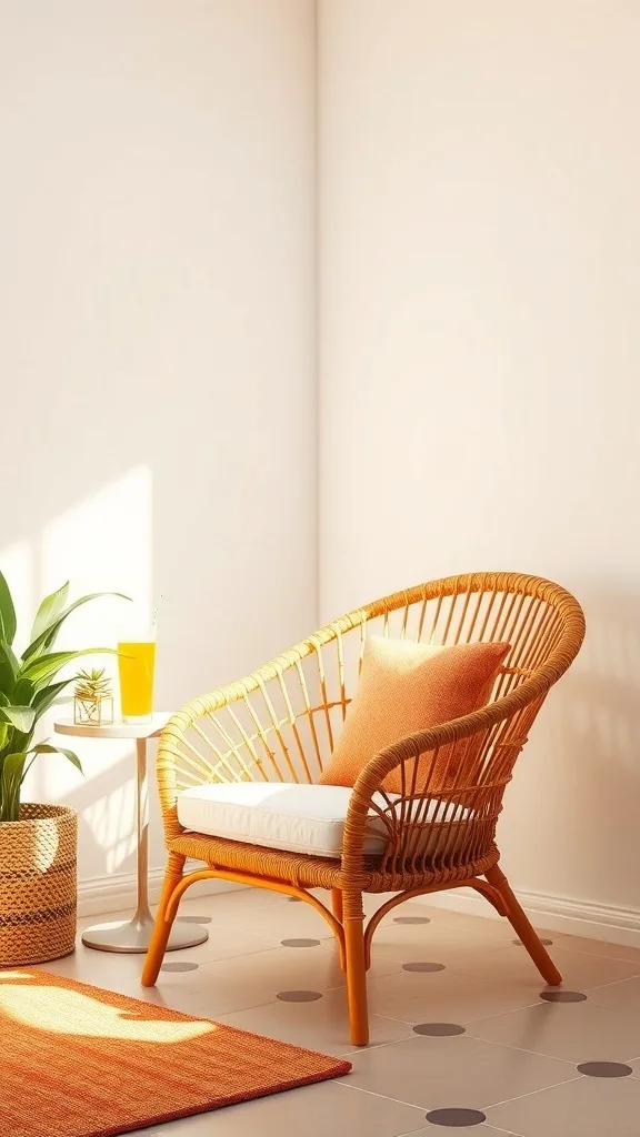 A cozy rattan accent chair with orange cushion, a small side table, and a potted plant in a bright room.