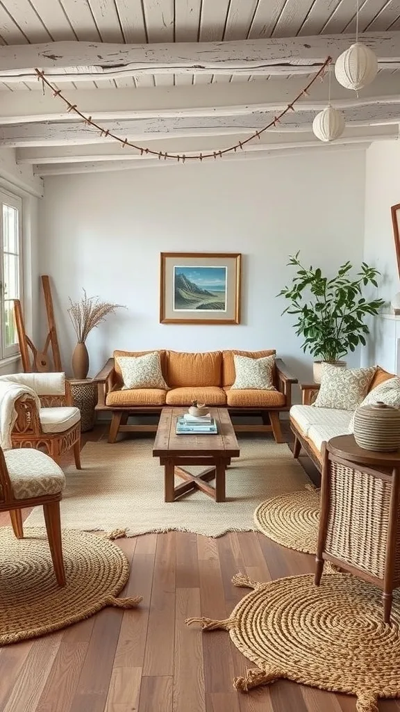 A cozy coastal living room featuring natural textures with wooden furniture, woven rugs, and greenery.