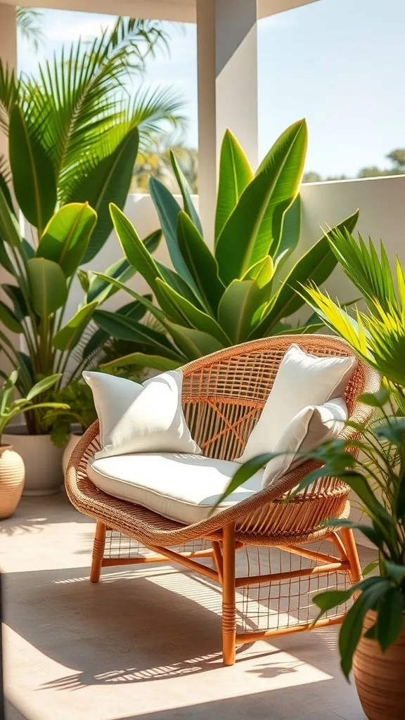 Cozy rattan lounge chair surrounded by greenery