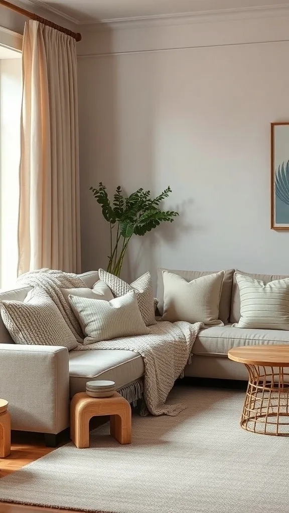 Coastal living room featuring layered textiles, a cozy sofa with throw pillows, and natural lighting
