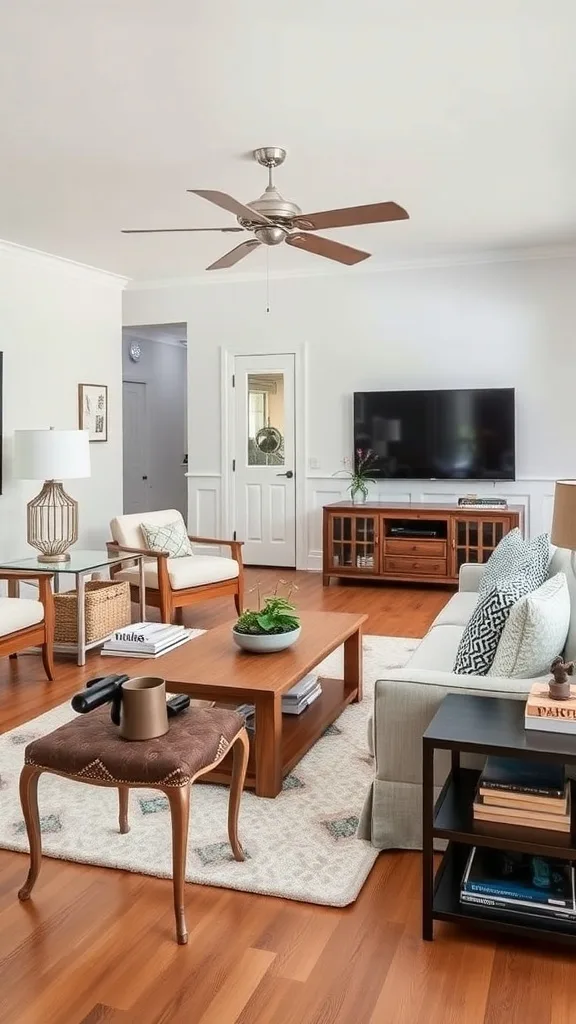 A cozy coastal living room featuring stylish furniture, warm wood textures, and a relaxing atmosphere.