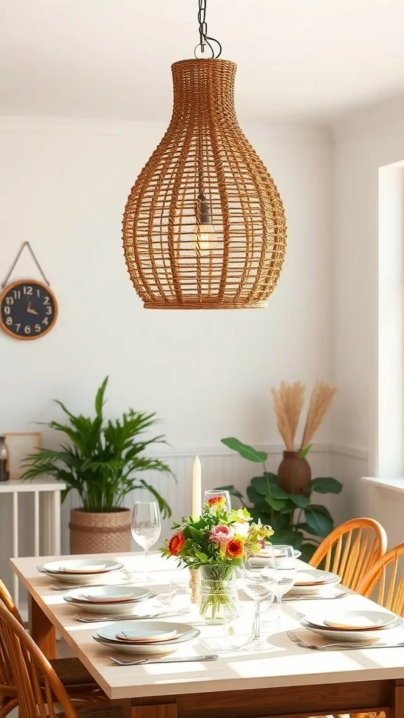 A stylish wicker pendant light hanging over a dining table, enhancing the summer vibe in a home setting.