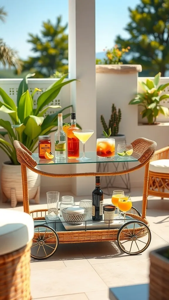 A stylish rattan bar cart filled with colorful drinks and garnishes, set in a sunny outdoor space.