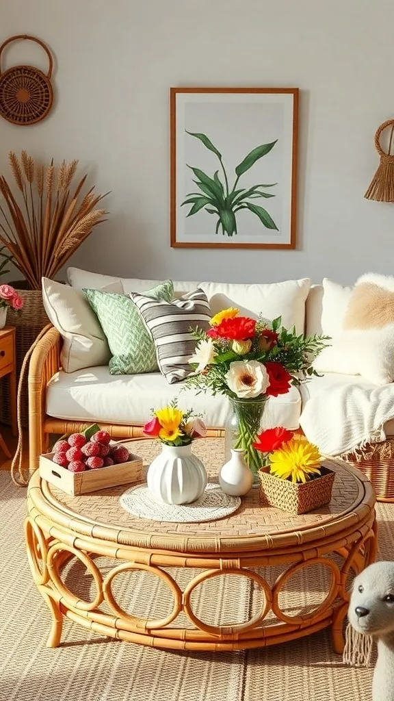 A rattan coffee table adorned with flowers and fruits in a cozy living room setting