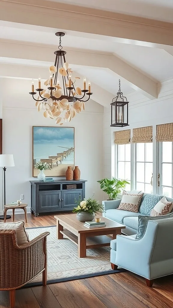 A coastal living room featuring a statement chandelier and lantern light fixture.