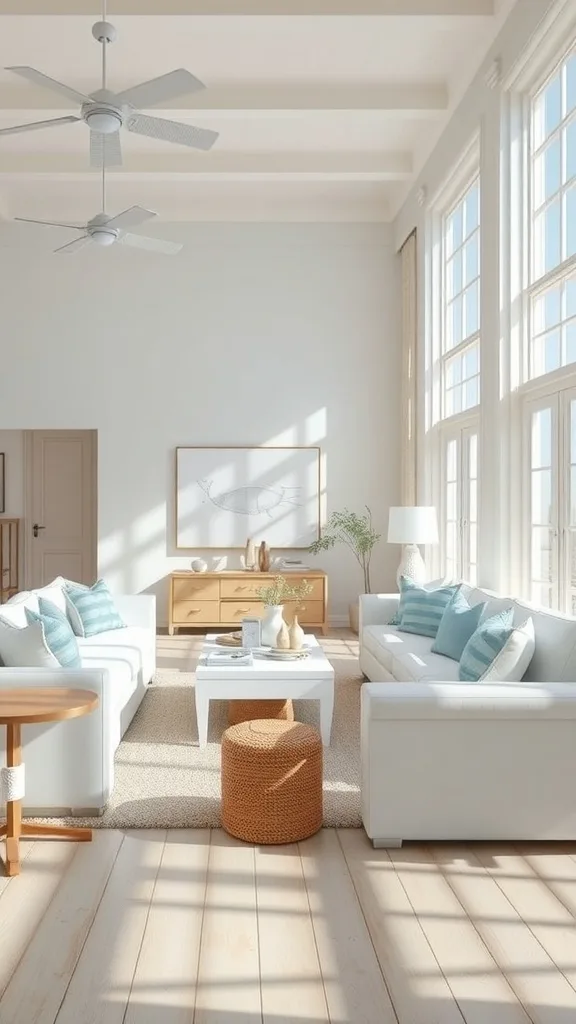Bright coastal living room with white sofas and light wood accents.