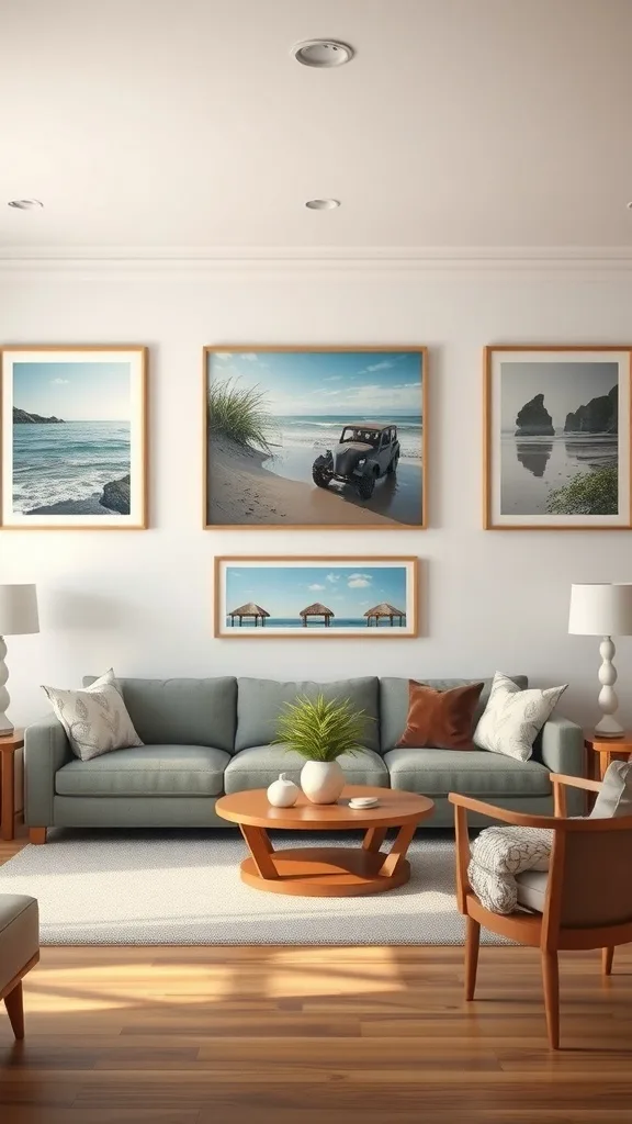 A cozy coastal living room with framed coastal artwork on the walls, a comfortable sofa, and wooden accents.