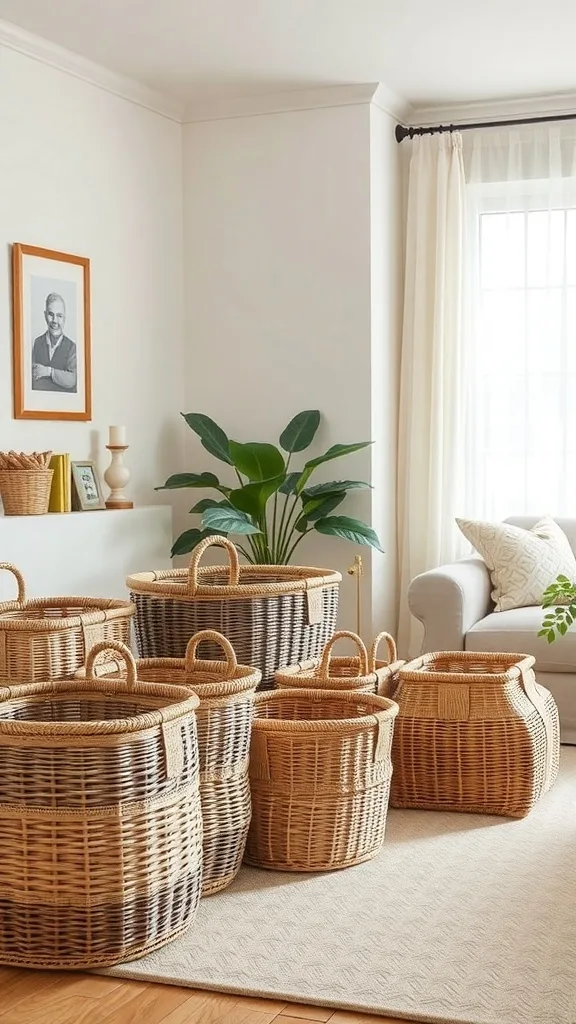 A collection of wicker storage baskets in various sizes arranged in a bright living room setting.